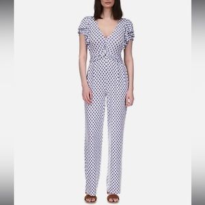 Michael Kors White Ruffle Sleeve Jumpsuit with Blue Square Medallion Print